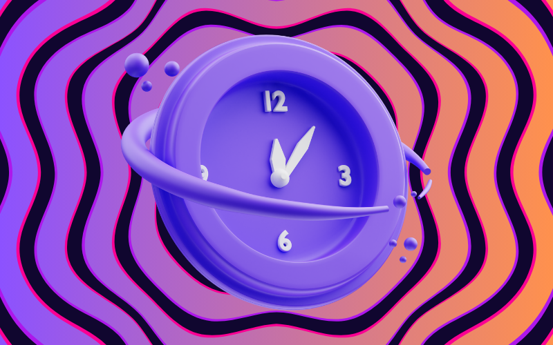 Abstract representation of time with a purple clock in the center counting down